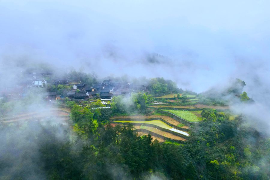 4月20日,吉首市矮寨奇观旅游区吉斗苗寨在云雾中若隐若现,形成一幅大